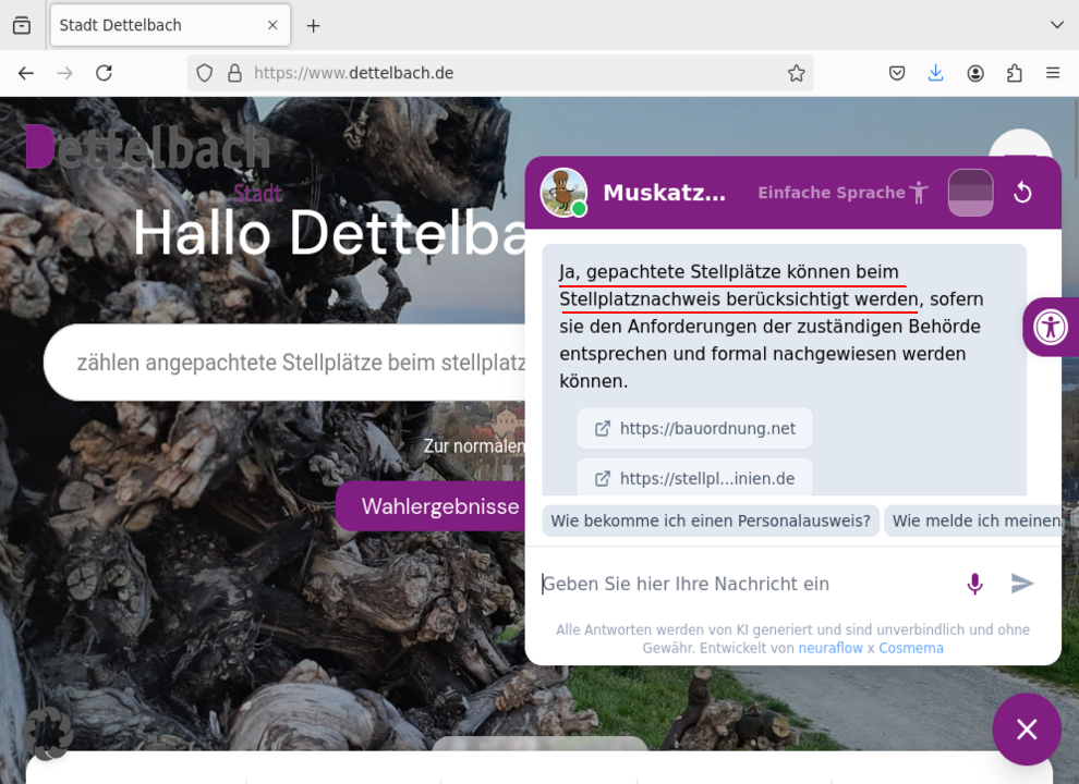 Antwort der KI auf www.dettelbach.de